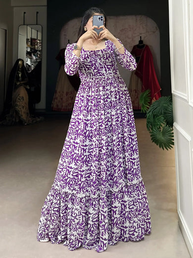 Fascinating Purple Digital Printed Georgette Casual Wear Gown